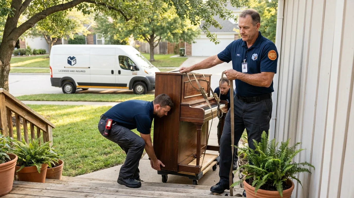 Licensed piano movers securing grand piano in Hot Springs Village, AR