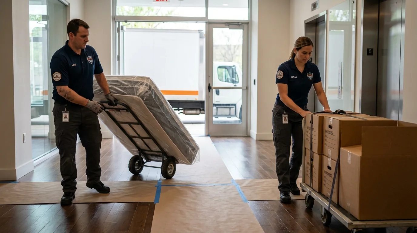 Professional apartment movers loading elevator in Hot Springs Village, AR