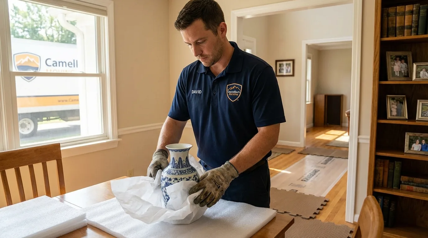 Professional crew carefully wrapping antique vase for senior downsizing move in Hot Springs Village, AR
